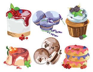 Delicious Desserts set. Sweet treats delicious macaroons, donuts and cakes. Vector realistic fruit cakes illustration. Retro style watercolor handmade collection
