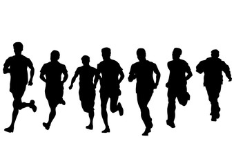 Man athletes on running race on white background