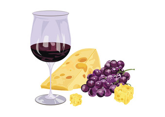 Glasses of wine with grapes and piece of cheese. Food background Vector