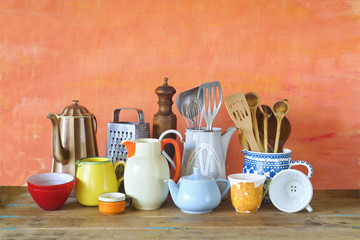 vintage kitchen utensils and tableware, cooking concept