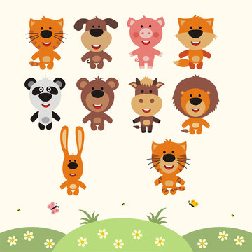 Vector set smiling animals. Collection isolated funny animals. Little animals in cartoon style. 