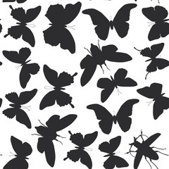 Fototapeta na wymiar black butterflies cicada set isolated silhouette seamless pattern on white background. Vector