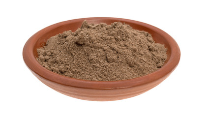Cocoa powder in a small bowl on a white background.