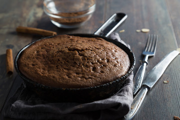 Homemade chocolate cake in the pan