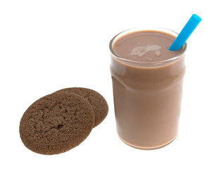 Glass of chocolate milk with cookies on a white background.