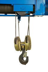 Industrial crane hook hanging with sling in factory isolated path