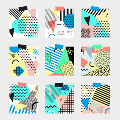 Retro vintage 80s or 90s fashion style. Memphis cards. Trendy geometric elements. Modern abstract design poster, cover, card design. Vector illustration. Big set.