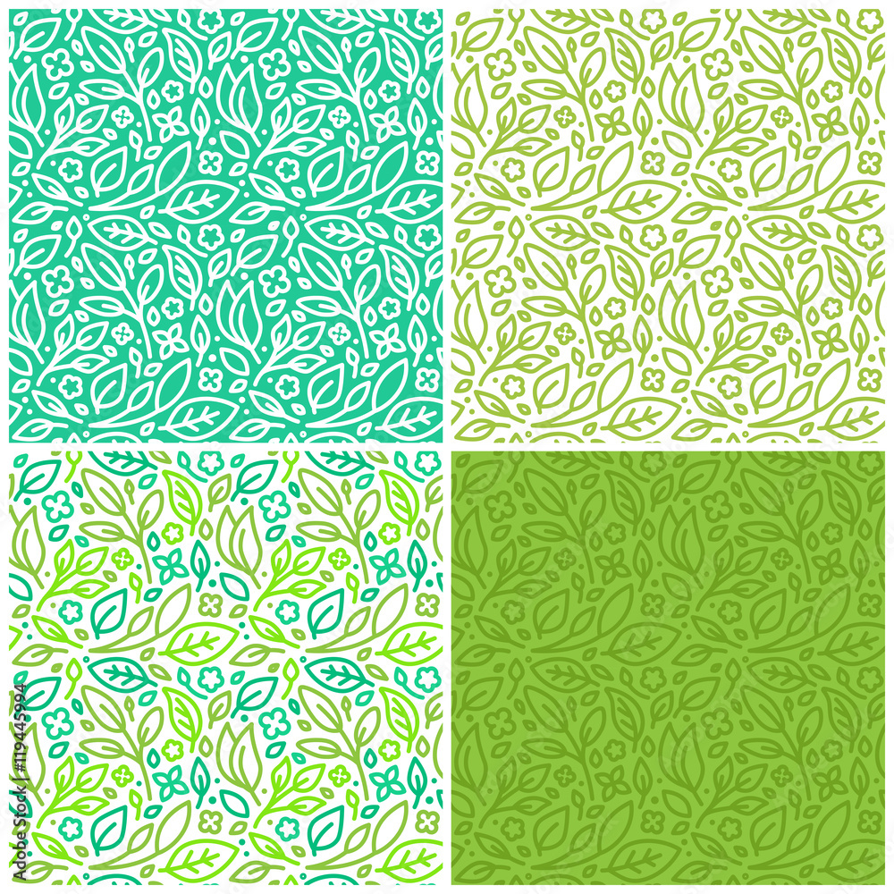 Poster Vector set of seamless patterns with green leaves