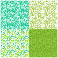Vector set of seamless patterns with green leaves