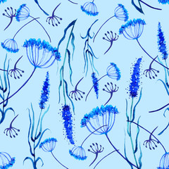 Watercolor Vintage pattern with floral pattern. Herbs, lavender, flowers. In the blue range of colors.