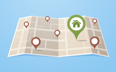 Flat city map with location pins and home icon vector illustration