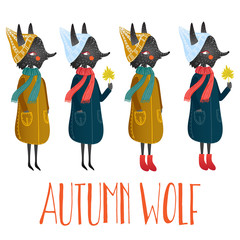 Naklejka premium Illustration of very cute autumn wolf. cute little fox in cartoon style and autumn clothes