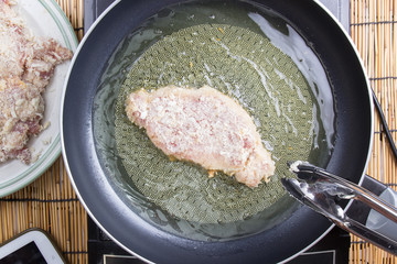 Chef deep fried pork in pan
