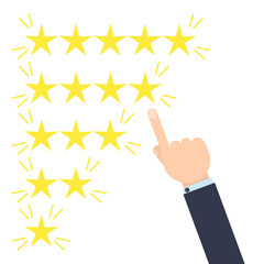 Customer good positive review design template on yellow background. Rating evaluation vector symbol. Five star business icon. Male hand pointing to four stars. Likes, approval, positive feedback sign