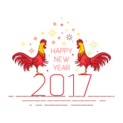 Chinese New Year 2017 rooster design template on white background. Logo symbol for eastern calendar. Greeting card with red cocks. Vector illustration.