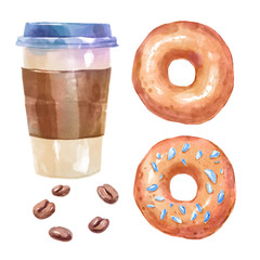 Watercolor sweets set with donuts and coffee