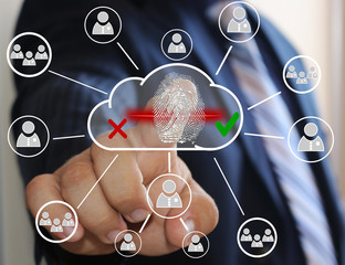 The businessman clicks on the icon,storing data in the cloud with fingerprints on the touch screen.Security and data protection in the cloud.The latest technology input through the fingerprint scanner