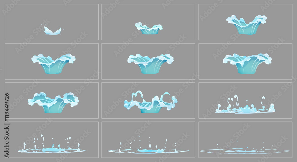 Wall mural dripping water special effect fx animation frames sprite sheet. clear water drop burst frames for fl