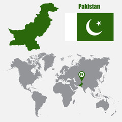 Pakistan map on a world map with flag and map pointer. Vector illustration
