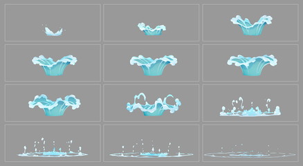 Dripping water special effect fx animation frames sprite sheet. Clear water drop burst frames for flash animation in games, video and cartoon. - obrazy, fototapety, plakaty