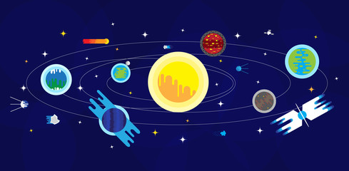 Space set the planets orbit the sun, moons, stars, comets, black holes in a flat style. Space. Cartoon icons