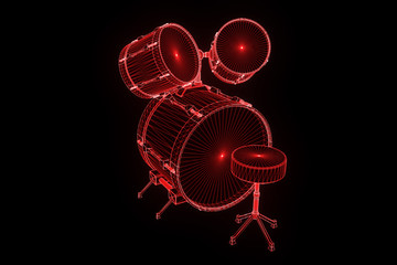 3D Music Drums in Wireframe Hologram Style. Nice 3D Rendering
