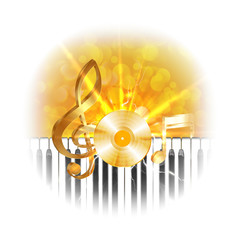 Golden musical vinyl plate with treble clef and piano keys, flash on background. The image is made without Borders in bleached edges, can be used with any image or text on a white background.