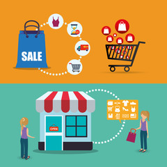 woman girl avatar shoppingket  bag b shop store sale offer market icon set. Colorful and flat design. Vector illustration