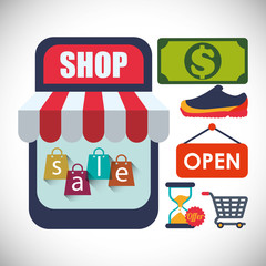 Naklejka premium supermarket awning shopping cart shoes hourglass shop store sale offer market icon set. Colorful and flat design. Vector illustration