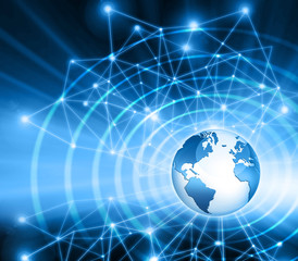 Best Internet Concept of global business. Globe, glowing lines on technological background. Electronics, Wi-Fi, rays, symbols Internet, television, mobile and satellite communicationsblue blur