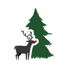 pine tree reindeer deer merry christmas celebration decoration icon. Flat and Isolated design. Vector illustration