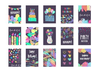 Set of artistic creative hand drawn universal cards. Colorful design for wedding, birthday, Valentine's day, party, invitation, placard, poster, flyer.