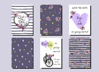 Collection of 6 cute hand drawn card templates. Save the date, baby shower, bridal, birthday, Valentine's day, wedding, marriage, romantic. Stylish seamless patterns and illustrations. Vector.
