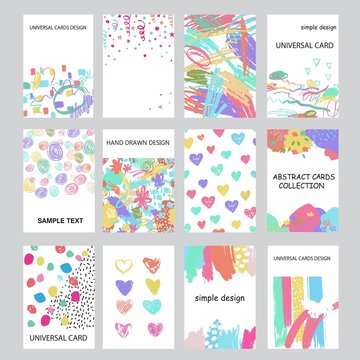 Set of artistic creative hand drawn universal cards. Colorful design for wedding, birthday, Valentine's day, party, invitation, placard, poster, flyer.
