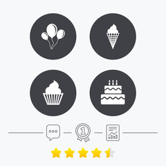 Birthday party icons. Cake with ice cream symbol