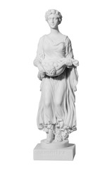 Antique sculpture of the almost naked woman with fruits on a whi