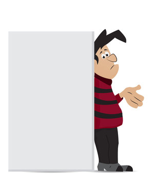 cartoon man in red shirt standing behaind empty banner
