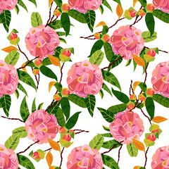 Seamless pattern with vintage style camellia flowers; vector