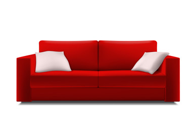 Realistic red sofa with white pillows. Isolated on white background. Vector interior element furniture.