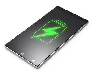 Black 3D smartphone with battery screen on white background