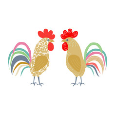 Two lovely cockerels on a white background.