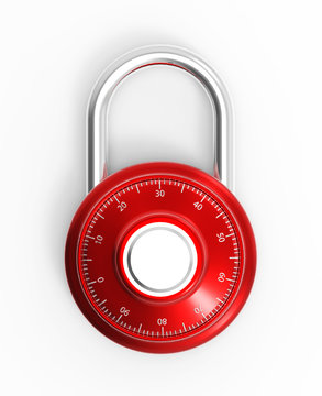 Red 3D combination chrome pad lock on a white background