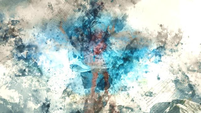Abstract watercolor ink drawing effect of a hiking woman enjoying the nature and the alpine mountains