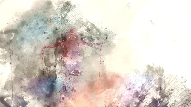 Abstract watercolor ink drawing effect of a hiking woman enjoying the nature and the alpine mountains