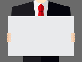 Man holds a placard. Man in a suit holding poster. Vector illustration.