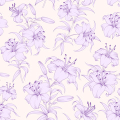 Lily flower seamless pattern with violet lilies over pink background. Floral background in vintage style.