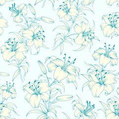 Fototapeta na wymiar Lily flower seamless pattern with white lilies over blue background. Floral background in vintage style.