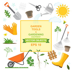 Vector illustration icon set of different kind gardening tools, equipment, vegetables and plants