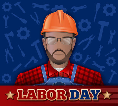 Poster for Labor Day with bearded man in a helmet, goggles and working clothes