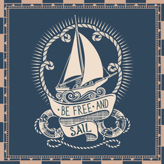 Retro Drawing of Sailing Vessel with Sign and Nautical Frame
